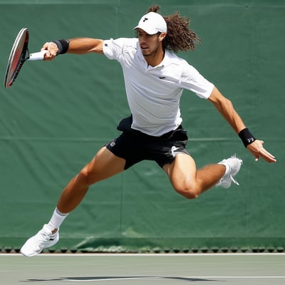 A tennis player mid-air, performing a dynamic spli